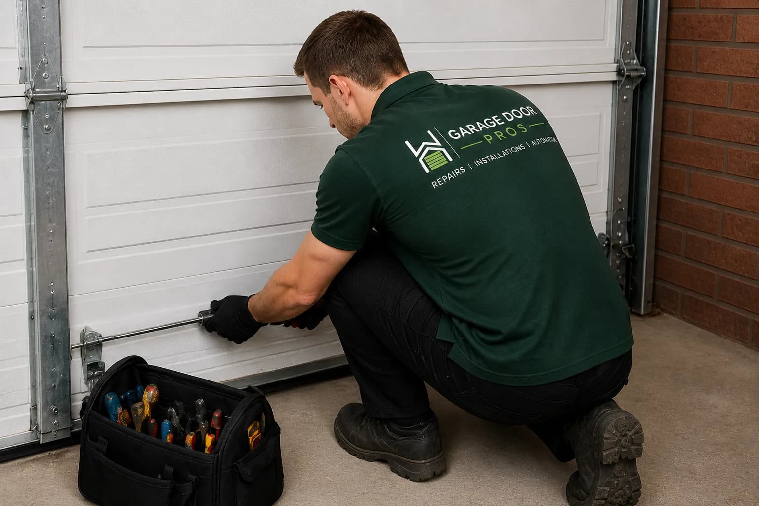 A Garage Door Pros engineer working on the bottom of a sectional door